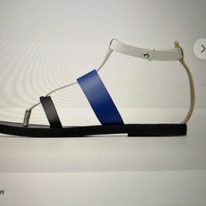 Vince gladiator blue, white, black, tan flat thong sandals.